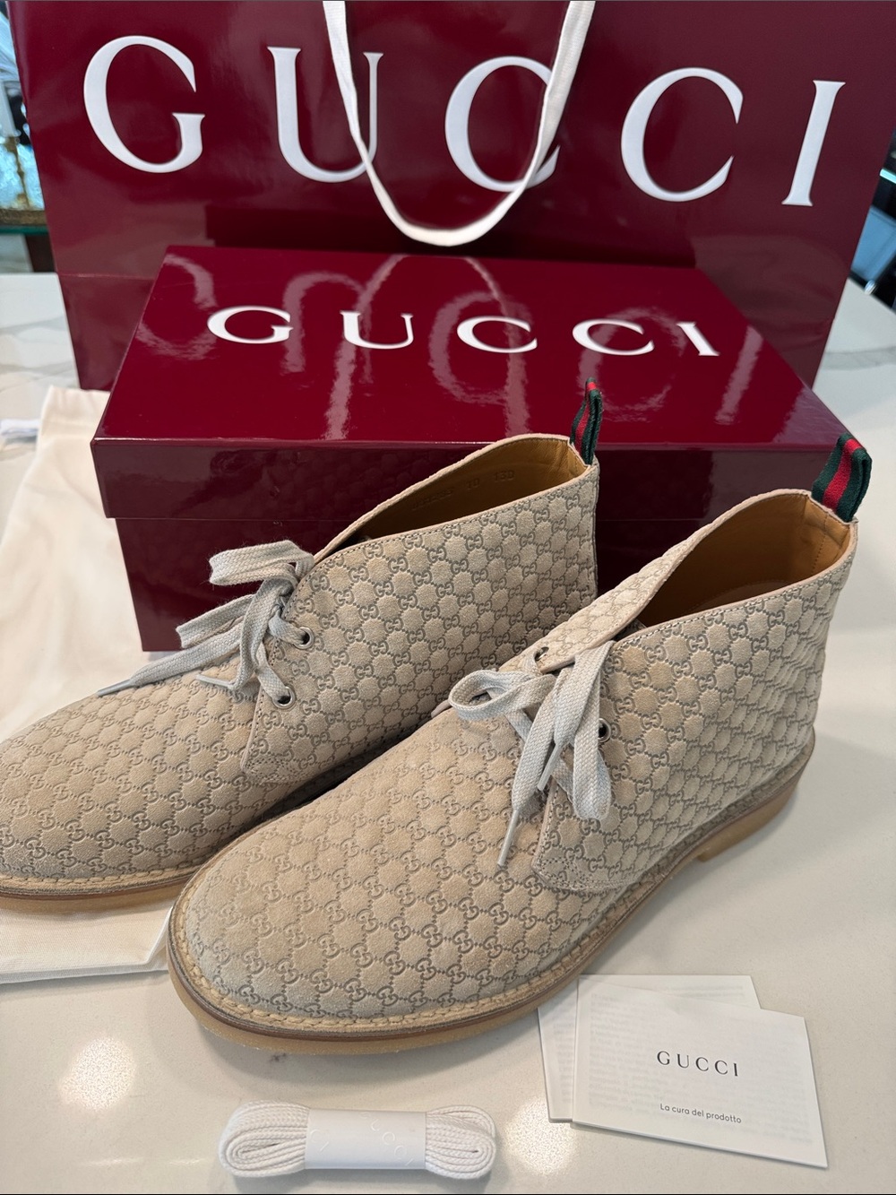 Gucci MEN Beige GG Suede Chukka Boots Oatmeal EUR 10 US 11 NEW